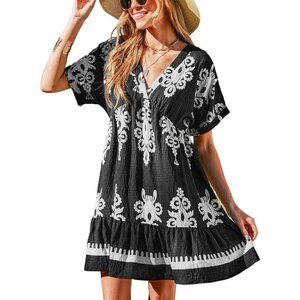 Women Ruffle Floral Summer Dress Rayon High Waist V Neck Short Sleeve